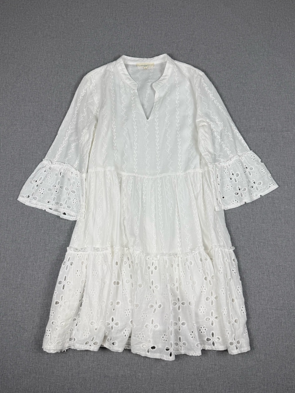Solitaire Swim White Eyelet Tiered Mini Dress L Cotton Boho Cover Up